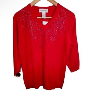 Cathy Daniel’s sweater top red rhinestone 3/4 sleeve knit top size Large